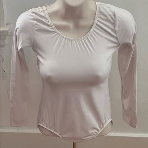 White long sleeves round neck nylon bodysuit, size S cottagecore minimalist